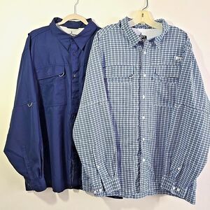 Habit Vented Fishing Shirt Men XL Blue Plaid solid navy Long Sleeve 2 Solar 40+